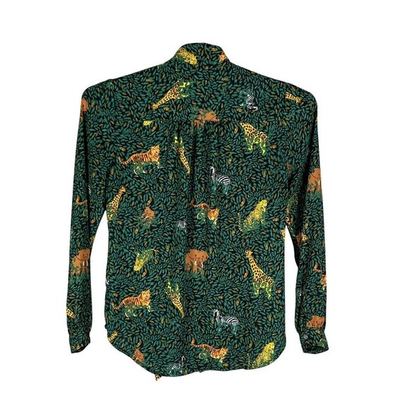 J.Crew Womens Green Jungle Print Long Sleeve Button Up Blouse Tie Neck XXS Artsy - Picture 9 of 15
